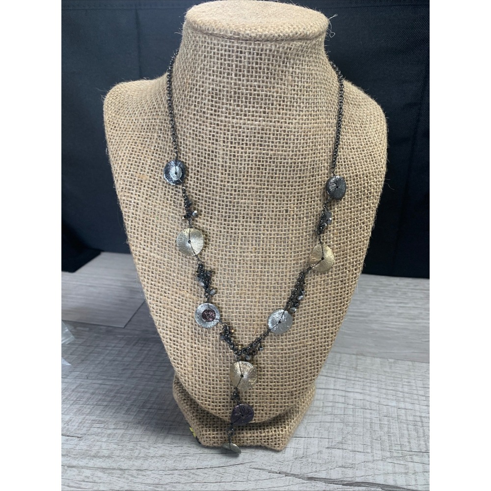Napier Mixed Metal Textured Disc Y-Necklace Gunmetal Tone‎ Beaded Drop Statement